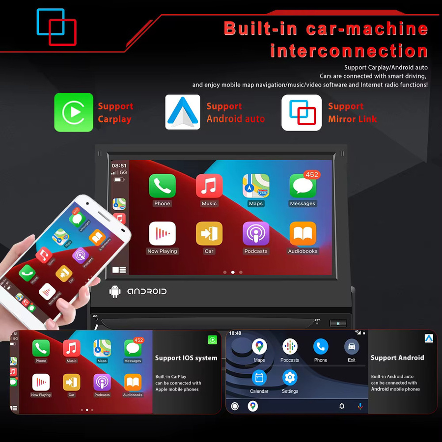 Podofo 1Din Autoradio mit ausziehbarem Bildschirm, Android Auto und Carplay, 8+128G, GPS-Navigation, WLAN, 4G, FM/AM/RDS, DVR, Schwarz - Bild 3