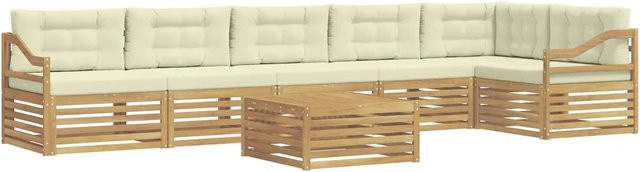 vidaXL Outdoor-Sofagarnitur 7-teilig in L-Form aus Akazienholz mit Kissen, Weiß und Beige - Bild 1