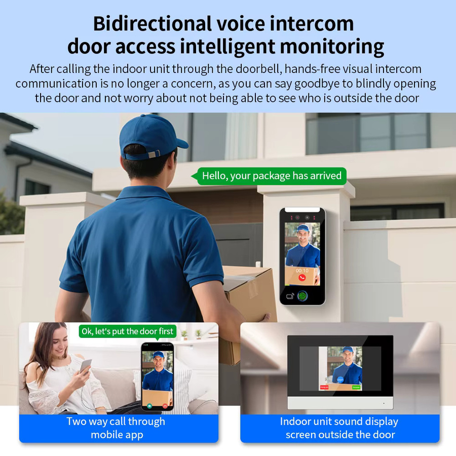 Asia-Teco Visuelle Gegensprechanlage mit Gesichtserkennung und Tuya WiFi, biometrische Fingerabdruck- und Palmvenen-Zugangskontrolle, 7-Zoll-HD-Kamera, Schwarz - Bild 4