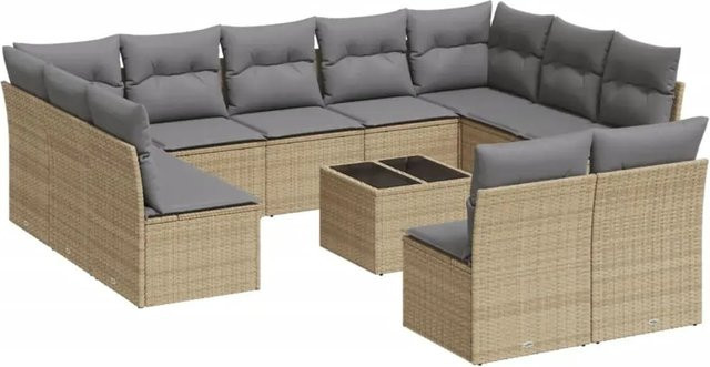 vidaXL 12-teilige Garten-Sofagarnitur aus Polyrattan in Beige-Grau mit Kissen und Tisch in U-Form - Bild 1