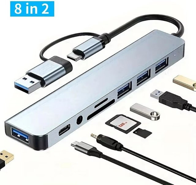 8 in 1 USB C Hub Expander Multiport Adapter Typ C Splitter Dock mit SD Kartenleser für Samsung PC und Tablet für schnellen Datentransfer und Aufladen - Bild 1