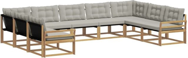 vidaXL Outdoor-Sofagarnitur 9-tlg. aus Akazienholz mit Textilene und Kissen in Weiß und Hellgrau - Bild 1