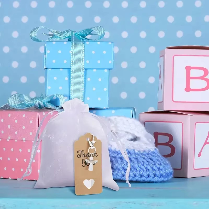 Engel Schlüsselanhänger Set mit Organza Taschen und Engelsflügel Danke Tags in Pink und Weiß für Babypartys und Gastgeschenke - Bild 2
