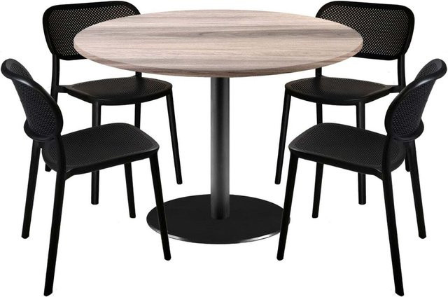 RestooTab Esstisch-Set Rome XL mit 4 Stühlen, runder Esstisch in Eiche und hellgrauen Stühlen mit schwarzem Gestell, Durchmesser: 120 cm, Höhe: 75 cm - Bild 1