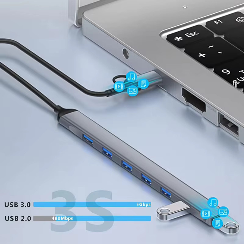 DIXSG USB-C Hub mit 7 Ports USB 3.0 High Speed OTG Adapter Docking Station in Silber für Laptop und PC - Bild 2