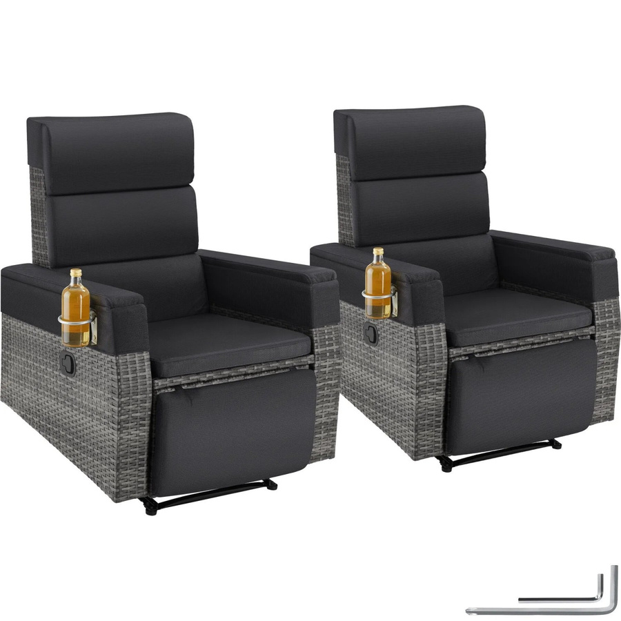 Tectake Pacentro Aluminium Rattansessel 2er Set in Grau mit verstellbarer Rückenlehne, Fußablage und Getränkehalter, B/T/H: 80 x 157 x 97 cm - Bild 2