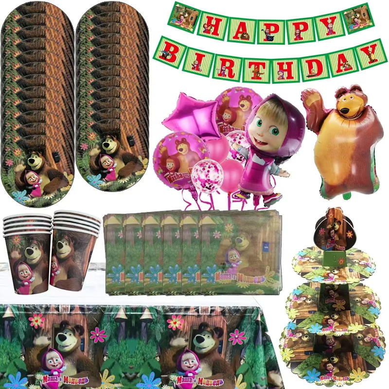 Potdemiel Mascha und der Bär Geburtstagsparty Dekorationsset für Mädchen mit Tellern, Servietten, Ballons und Hintergrunddeko, mehrfarbig - Bild 6