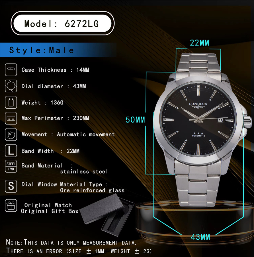 LONGLUX Armbanduhr Automatik, Edelstahl, Weiß, Herren - Bild 2