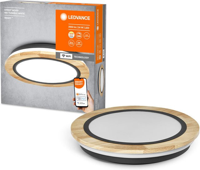 LEDVANCE SMART+ WiFi-Deckenleuchte Wood, dimmbare LED-Panel-Leuchte in Holzoptik mit 24W und 2950lm, Farbe: Weiß/Wood - Bild 1