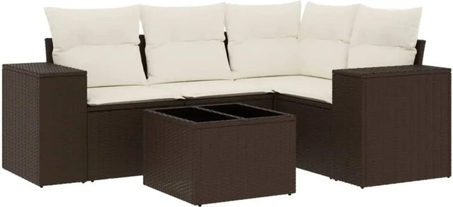 vidaXL 5-tlg. Garten-Sofagarnitur in L-Form aus Polyrattan mit Kissen, Braun - Bild 1