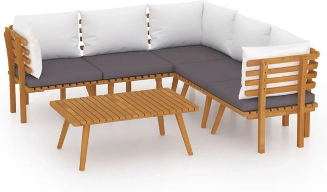 vidaXL 6-tlg Garten-Lounge-Set Modell 18 aus massivem Akazienholz in Braun mit grauen Polstern und L-Form - Bild 1