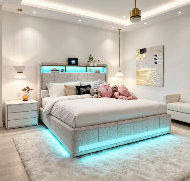 Polsterbett in Rosa mit LED-Beleuchtung, USB-Ladefunktion und 4 Schubladen, B/T/H: 140 x 190 cm - Bild 1