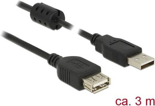 Delock USB 2.0 Kabel mit USB-A Stecker und USB-A Buchse, 3,00 m, Schwarz mit Ferritkern - Bild 1