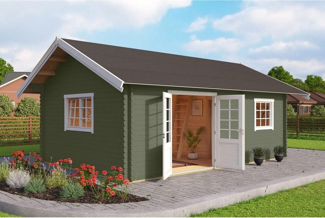 Lasita Blockbohlenhaus Caroline Gartenhaus mit Satteldach in Grau-Grün lasiert B/H/T: 675 x 330,6 x 489,9 cm - Bild 1