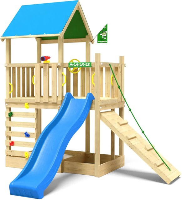 Jungle Gym Spielturm Wonder aus Holz mit Planendach, Kletterrampe und Rutsche in Blau - Bild 1