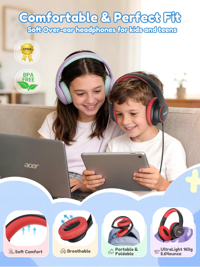 Acer Kinder-Kopfhörer Over-Ear mit Kabel und 3,5mm Klinke, Sicherer Lautstärkebegrenzer 85/94dB, Faltbar, Multicolour - Bild 2