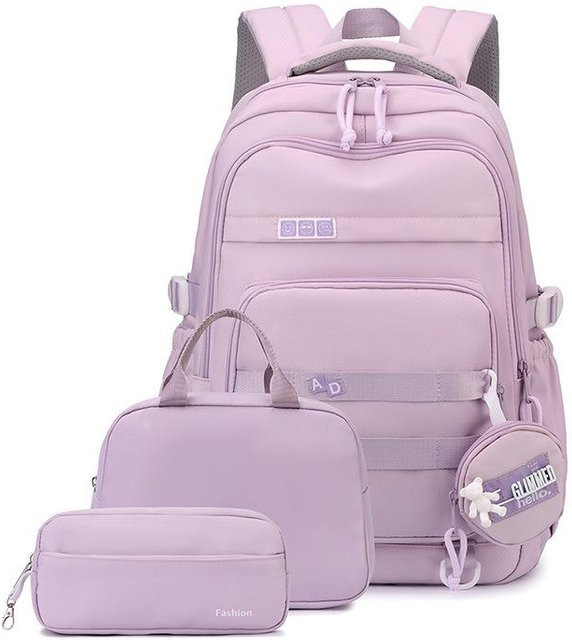 3er Set Schultaschen für Mädchen von Fancy Style Studio inklusive Brotdose und Federmäppchen in Lila - Bild 1