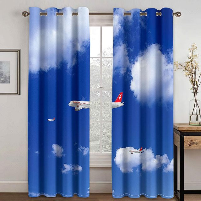 Yiran Furniture Vorhänge mit Flugzeug-Motiv in Grau und Blau, 2er-Set, semi-transparent, mit Ösen, Höhe: 130 cm, Breite: 100 cm - Bild 1