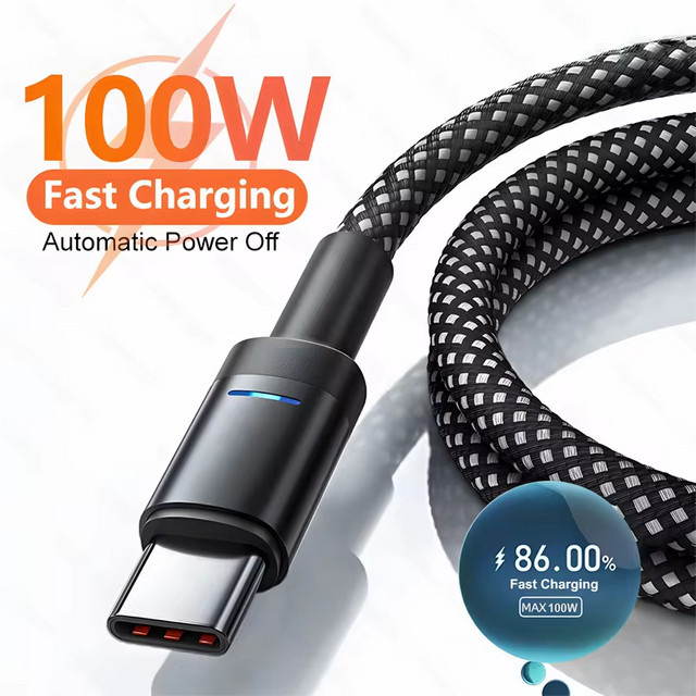 100 W Schnelllade-Datenleitung Typ C aus geflochtenem Nylon in Schwarz für Samsung Xiaomi Huawei - Bild 1
