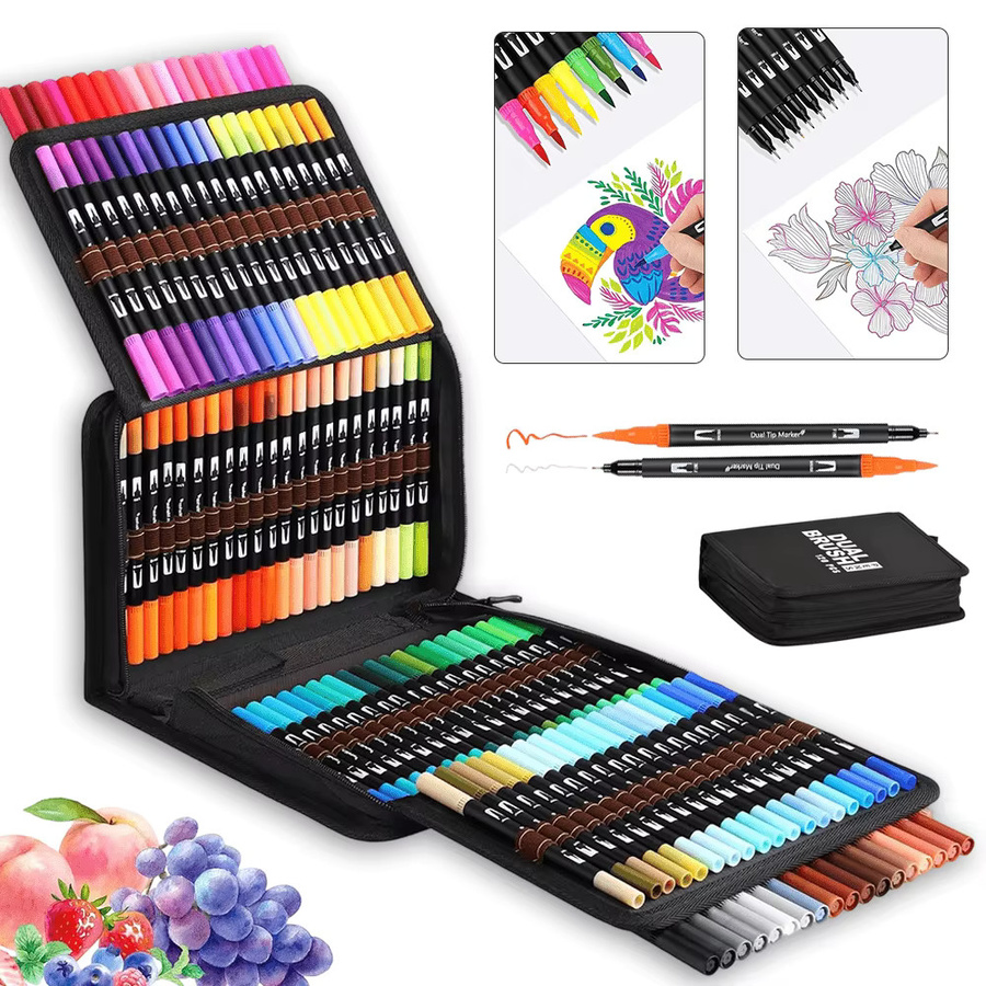 120 Farben Doppelspitzen-Marker-Set mit Pinsel- und Feinspitze, wasserbasierte Stifte in Multicolour für Malbücher, Zeichnen und Lettering - Bild 2