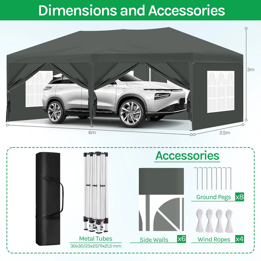 Eugad Gartenpavillon Pop-Up Faltzelt mit 6 Seitenwänden in Anthrazit, B/T/H: 600 x 300 x 250 cm - Bild 4