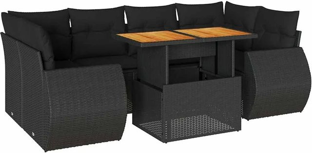 vidaXL 7-teilige Garten-Sofagarnitur in L-Form aus schwarzem Poly-Rattan mit Kissen und pulverbeschichtetem Stahlrahmen - Bild 1