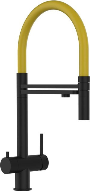 VIZIO 3-Wege Küchenarmatur aus Edelstahl mit 360 Grad schwenkbarem Auslauf und abnehmbarer 2-Strahl Handbrause in Schwarz Matt und Gelb - Bild 1