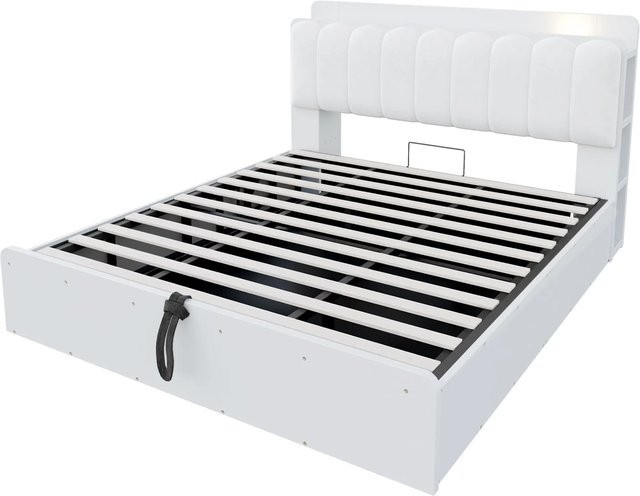 Merax Holzbett mit Hydraulik-Stauraum und USB-Ladeport in Weiß, B/T/H: 180 x 200 x 103 cm - Bild 1