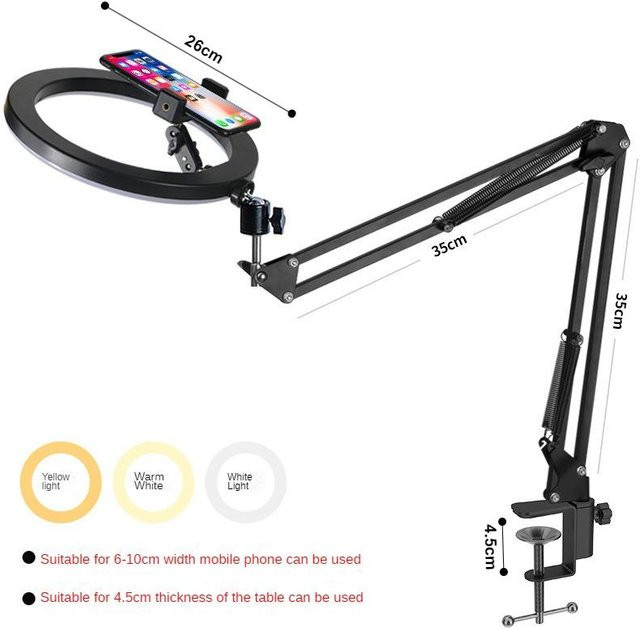 Handyhalter für Videoaufnahmen und Live-Streaming mit Ringlicht und LED-Fülllicht in Schwarz - Bild 1
