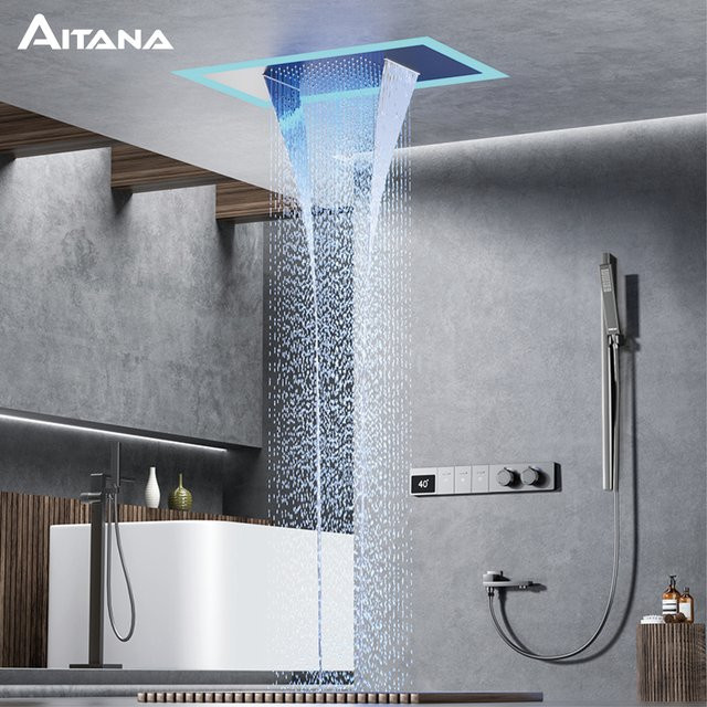 Aitana Einbau-Duschsystem aus Messing in Waffengrau mit Thermostat und LED-Digitalanzeige - Bild 1