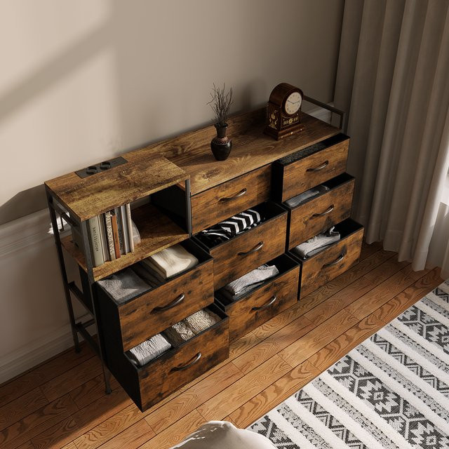 WOLTU Kommode in Schwarz mit 8 Stoffschubladen und Ladeanschlüssen aus Stahlrahmen, Sideboard und Aufbewahrungsschrank für das Wohnzimmer, B/T/H: 132 x 30 x 88 cm - Bild 1