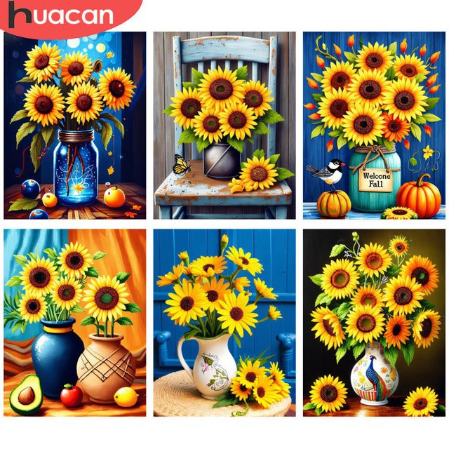 HUACAN 5D Diamantmalerei Set Sonnenblumen im Glas, Multicolour Bastelset mit runden Edelsteinen - Bild 1