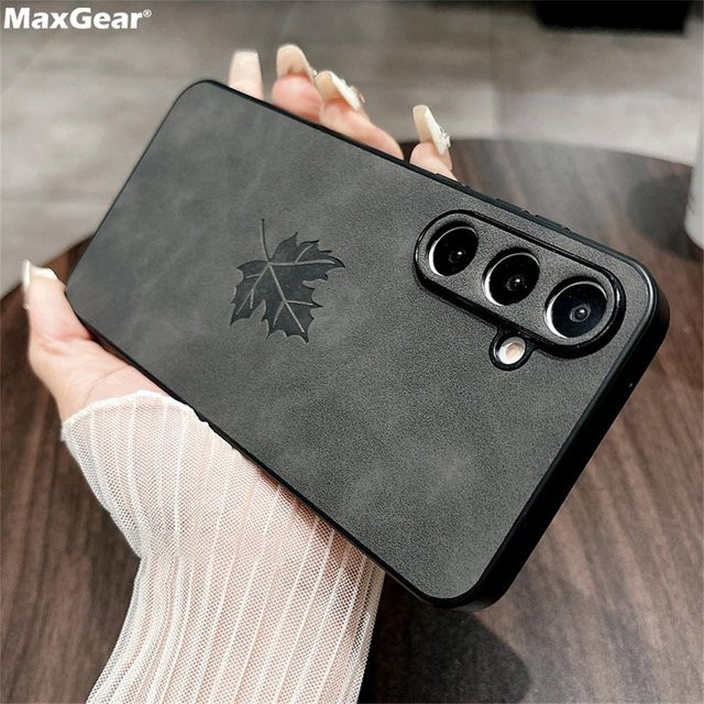 Luxuriöse Schafsleder Handyhülle im Ahornblatt-Design für Samsung Galaxy S24 FE S23 S22 S21 Ultra Plus Note20 A55 A54 A35 A34 A25 A24 A23 A15 5G A14 in Schwarz - Bild 1