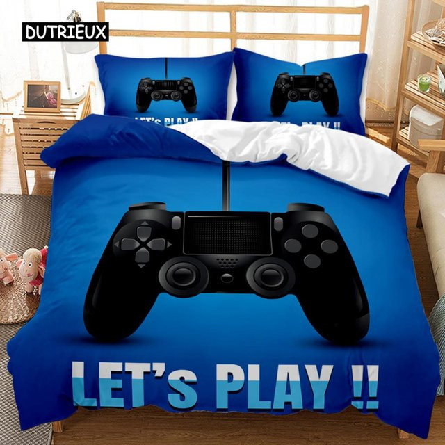 Gaming-Bettwäsche-Set mit Gamepad- und Headset-Design für Jungen und Teenager, Blau, 3-teilig aus Polyester, B/H: 150 x 200 cm - Bild 1