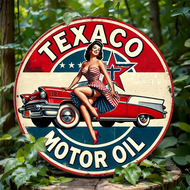 Potdemiel Texaco Motor Oil Vintage Aluminiumschild Retro Pin-Up Wanddeko aus Metall, Rund, Mehrfarbig, Durchmesser: 20 cm - Bild 1