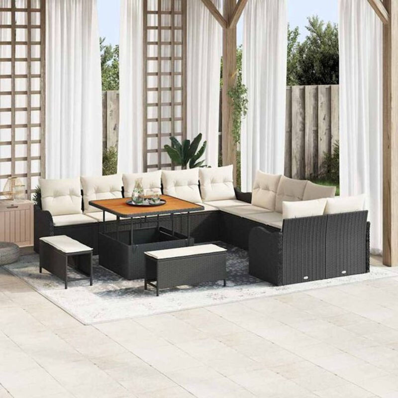 vidaxl Garten-Sofa-Set aus Poly-Rattan und Massivholz in Schwarz, 13-teilig, modern - Bild 1