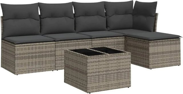 vidaXL 6-teilige Garten-Sofagarnitur in L-Form mit Polsterkissen und Couchtisch, Grau, Poly Rattan - Bild 1