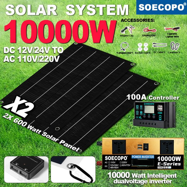 SOECOPO Solar Kit 10000W Camping Set mit 2x 600W Solar Panels, 100A Controller, Inverter und Dual Steckdosen, Schwarz - Bild 1