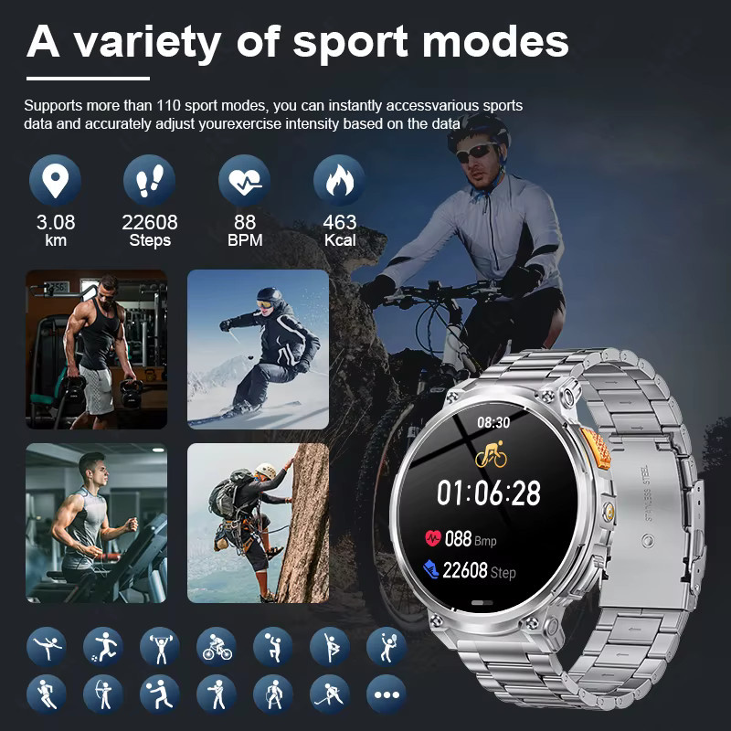 LIGE K66 Smartwatch für Herren mit Taschenlampe und Bluetooth-Anruf, 1,85 Zoll Display, 128 MB Speicher und 730 mAh Akku, Outdoor-Sport-Smartwatch in Schwarz und Silber - Bild 2