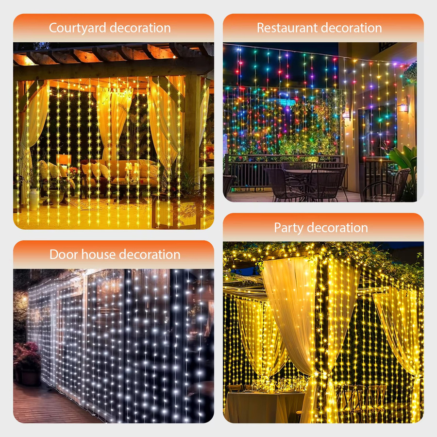 OSIDEN Solar LED Hof-Vorhang-Lichterkette mit 300 LEDs in Warmweiß, wasserdicht mit 8 Modi für Garten und Außenbereich - Bild 6