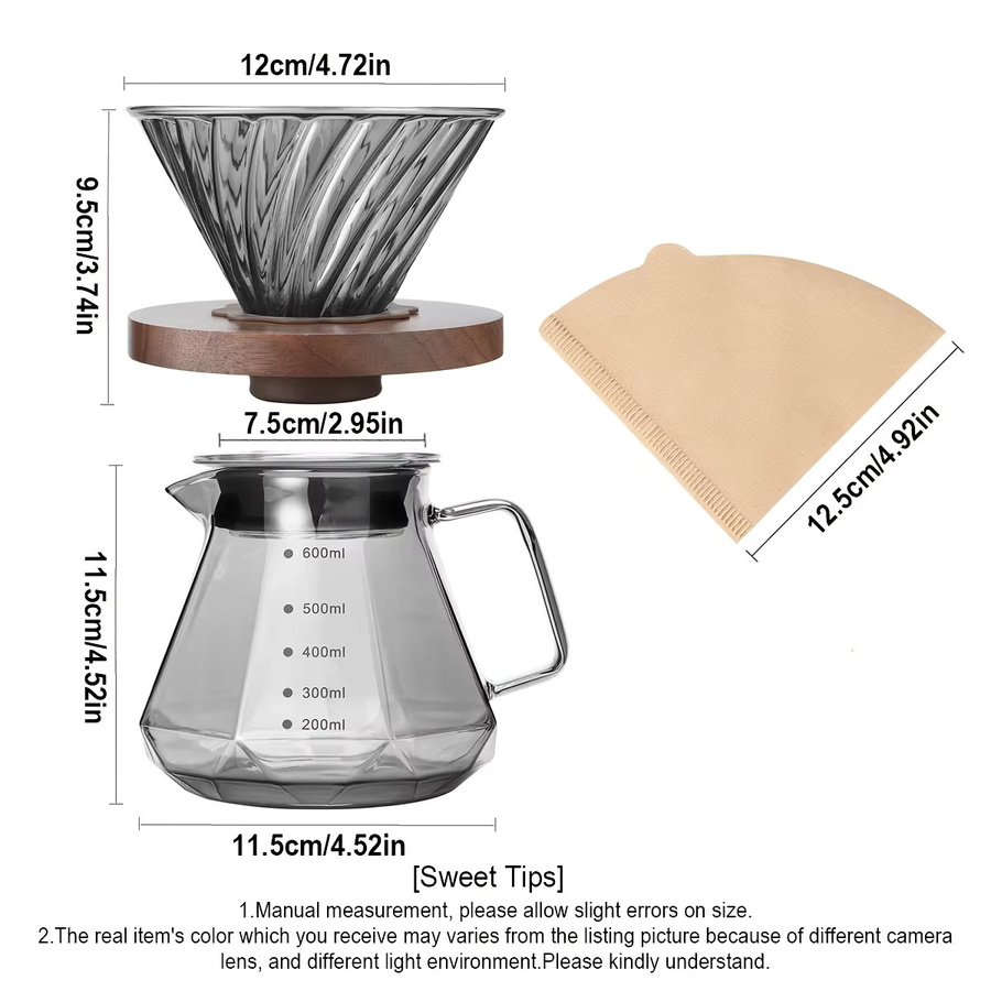 Leeseph Pour-Over-Kaffeebereiter-Set mit Borosilikatglaskaraffe, Walnussholzgriff und 100 Papierfiltern, Grau - Bild 3