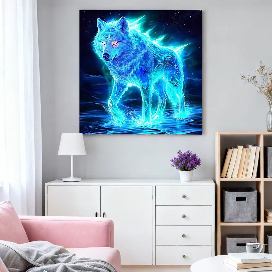 HUACAN 5D Diamant-Mosaik-Malerei Runde Wanddekoration mit Tier-Motiven Katze Tiger Wolf in Blau - Bild 3