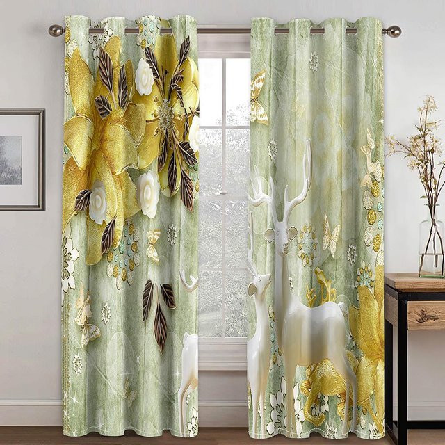 Yiran Furniture Luxus Diamant Blumen Vorhänge aus Polyester, semi-transparent, Grün, 2 Stück, B: 50 cm, H: 130 cm, inklusive Haken - Bild 1