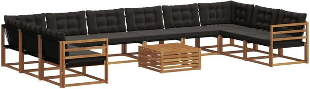 vidaXL Outdoor-Sofagarnitur aus massivem Akazienholz in U-Form, 11-teiliges Set mit Textilene-Bezug und Kissen, Natur und Schwarz - Bild 1