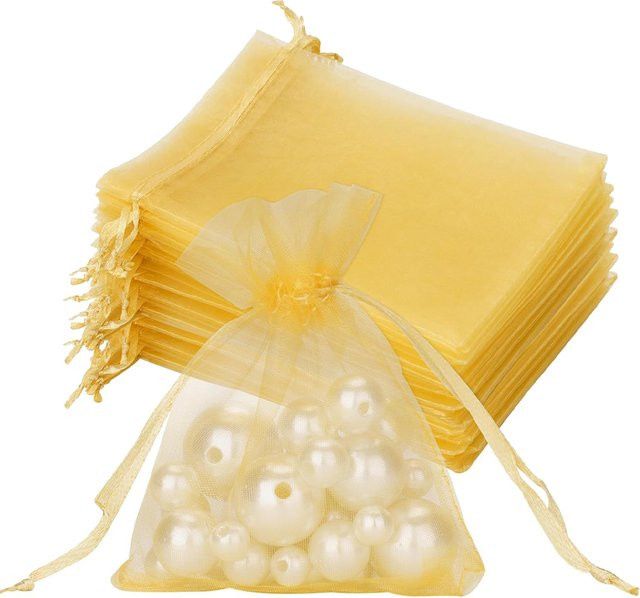 50 Stück Organzabeutel in Gold mit Kordelzug als Schmuck- und Geschenkverpackung aus Netzstoff - Bild 1