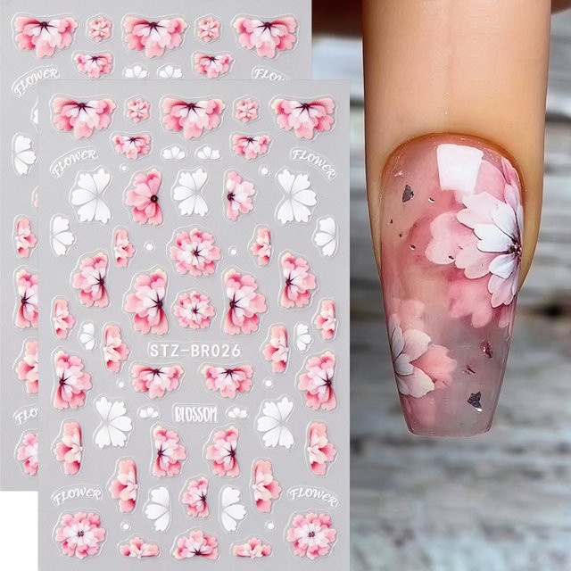 Full Beauty Nagelaufkleber Rosa Blühende Blumen, 2 Stück, Glänzend - Bild 1