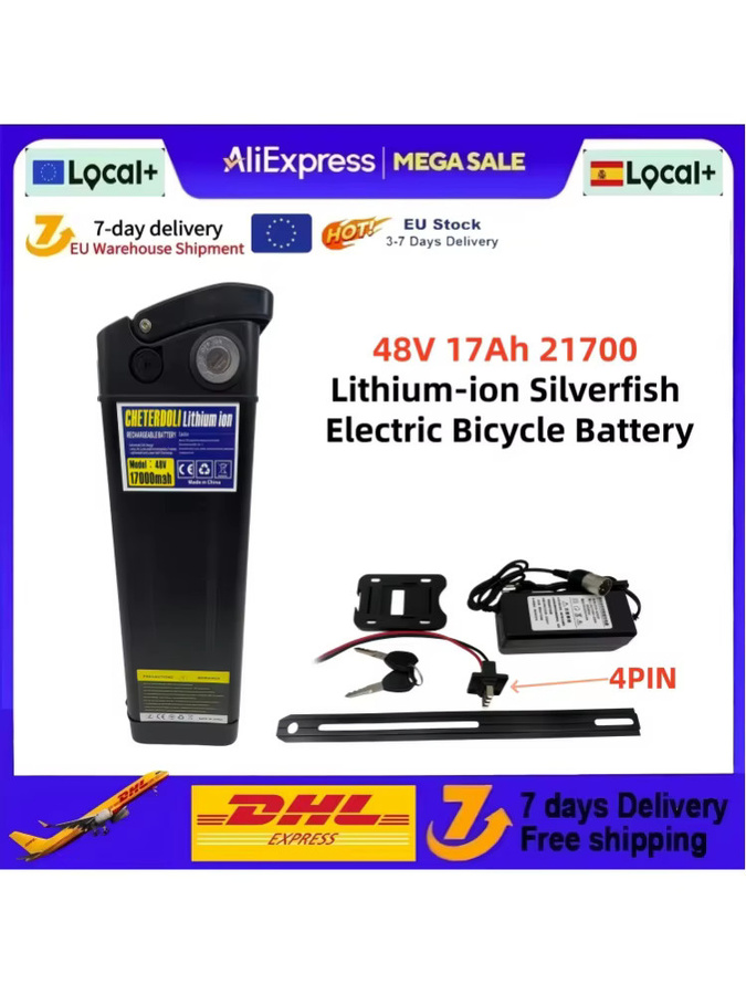 Aleaivy Silverfish Lithium-Ionen Fahrradbatterie 48V 17Ah in Schwarz mit integriertem BMS und Ladegerät, kompatibel mit Bafang 250W-1000W Motoren - Bild 7