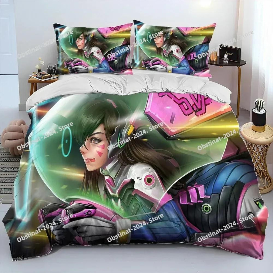 OW Overwatch Gamer Bettwäsche-Set mit DVA Motiv, bestehend aus Bettdeckenbezug und Kissenbezug, Größe Single: 135 x 200 cm - Bild 1