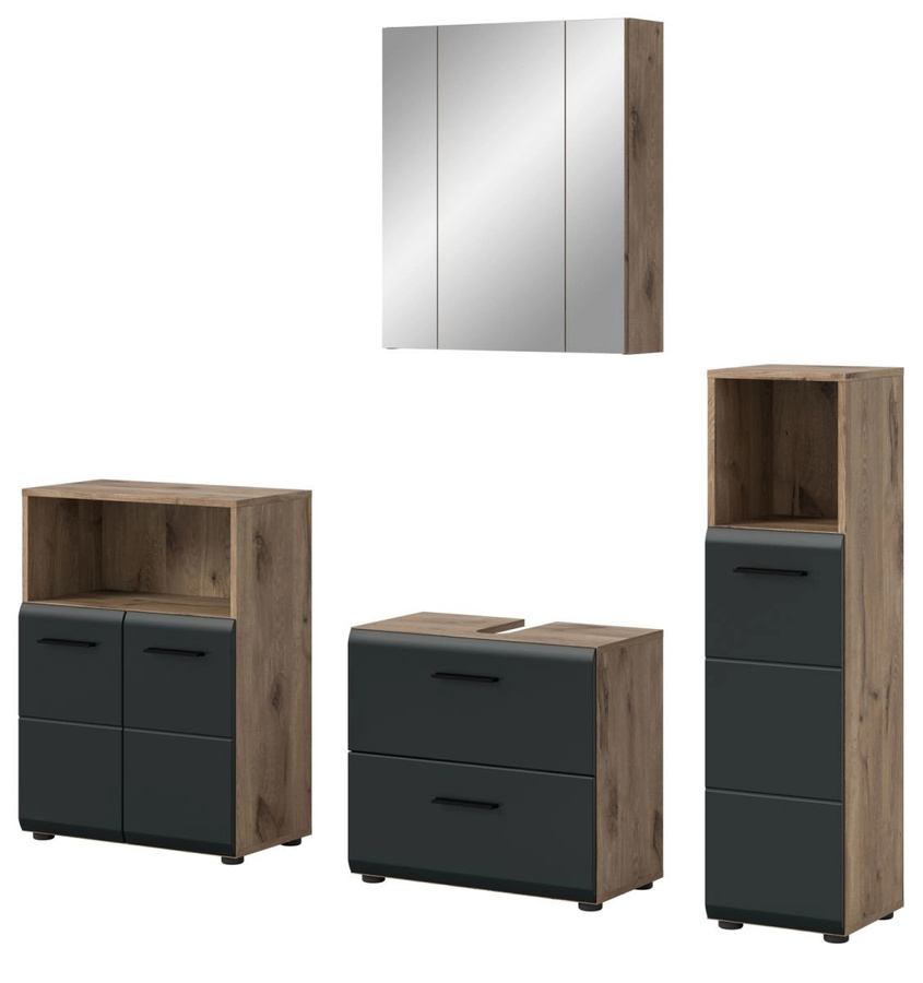 Badmöbel Set Cover von Inn.Furn in Schwarz und Eiche, 4-teilig, modern, mit Waschtischunterschrank und Spiegelschrank, Breite: 180 cm - Bild 4