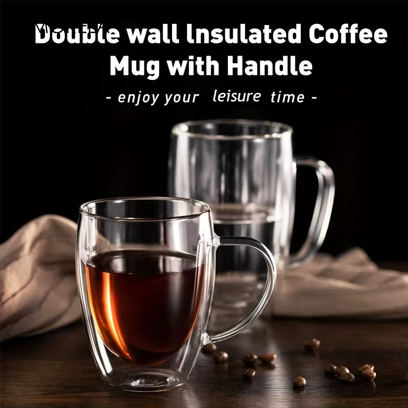 KEMORELA Doppelwand Glas Kaffeebecher mit Griff, Transparent, 350 ml - Bild 3